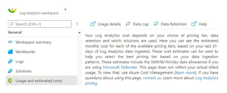 Under usage and estimated cost select data retention