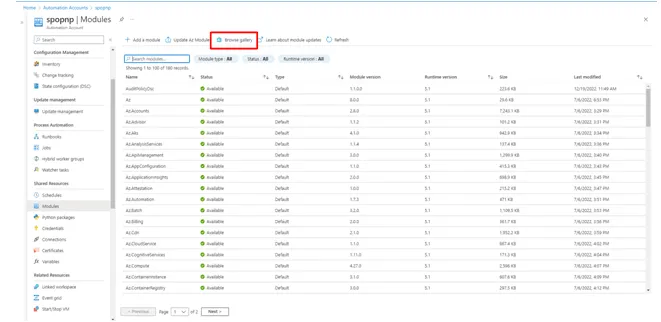 modules imported into the Automation account