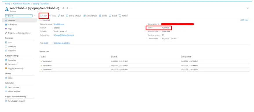 Publish and start the runbook