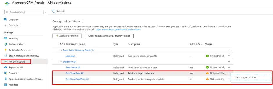 microsoft CRM Portals API permissions