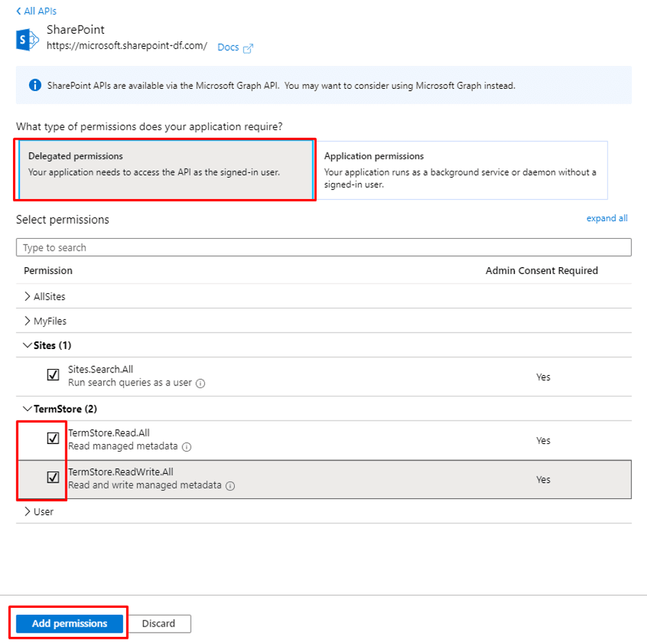 Click on the Delegated Permission option