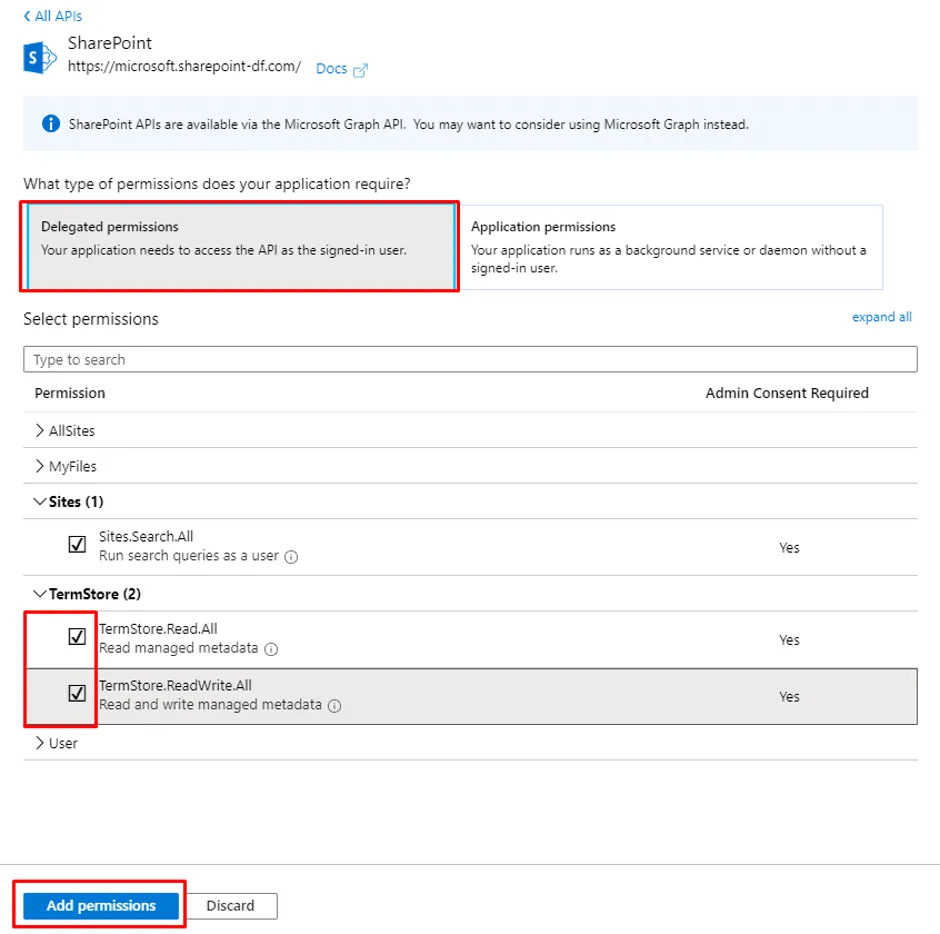 Click on the Delegated Permission option