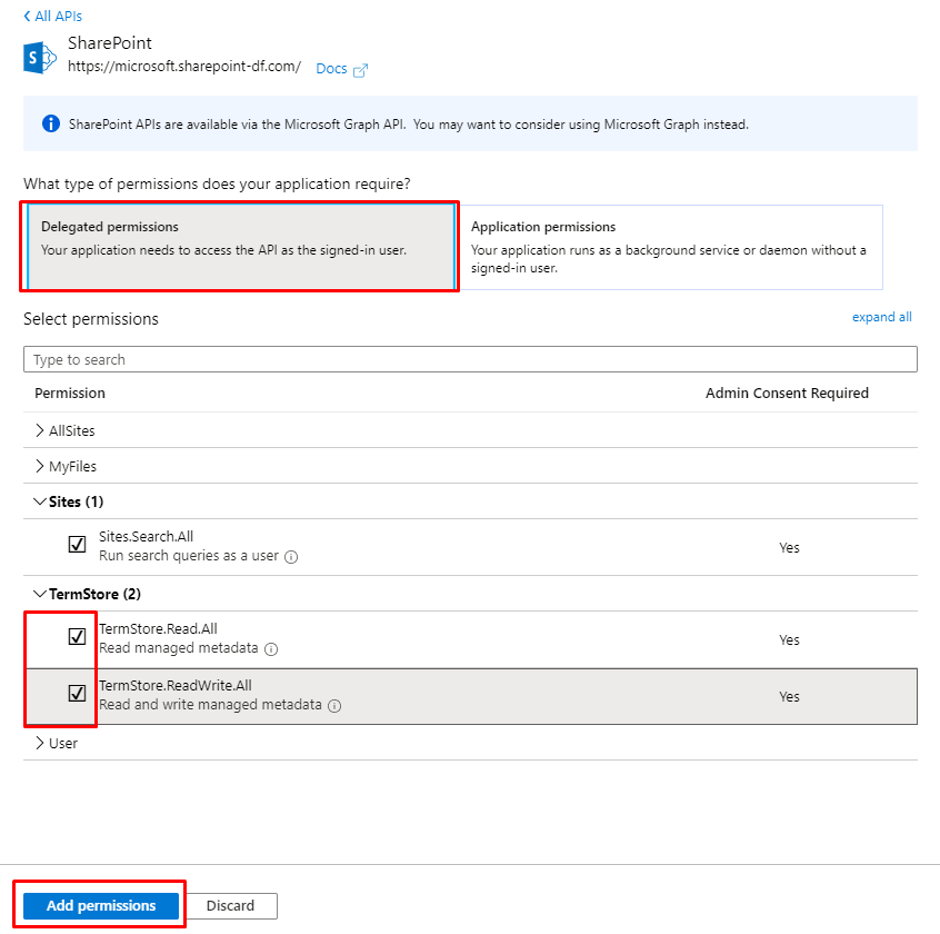 Delegated Permission option and select all the permissions you required