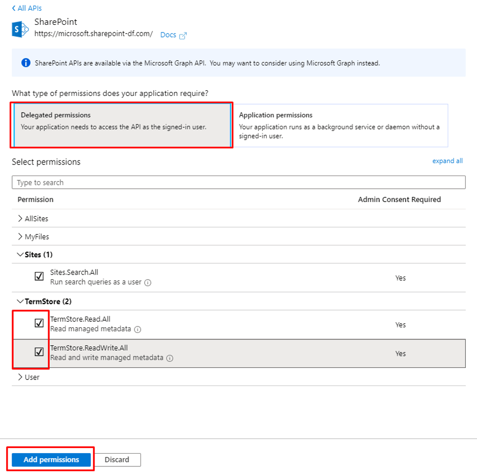 Click on the Delegated Permission option